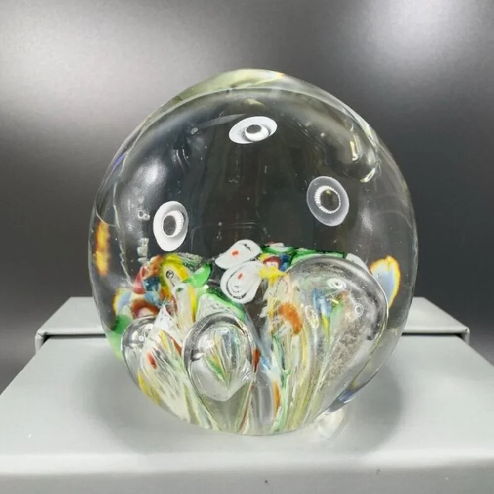 Hand Blown Art Glass Paperweight With Large Bubbles Multicolored‎ Millefiori VTG